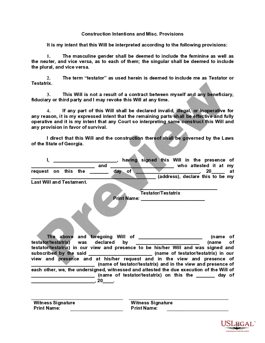 Preview Last Will and Testament with All Property to Trust called a Pour Over Will