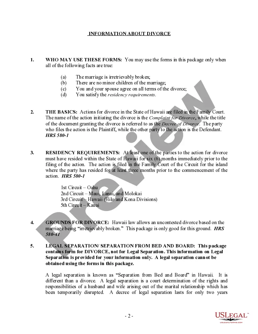 Preview Hawaii No-Fault Uncontested Agreed Divorce Package for Dissolution of Marriage with Adult Children and with or without Property and Debts