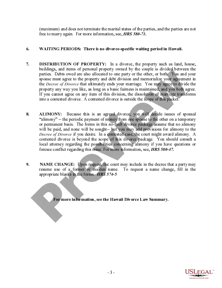 Preview Hawaii No-Fault Uncontested Agreed Divorce Package for Dissolution of Marriage with Adult Children and with or without Property and Debts
