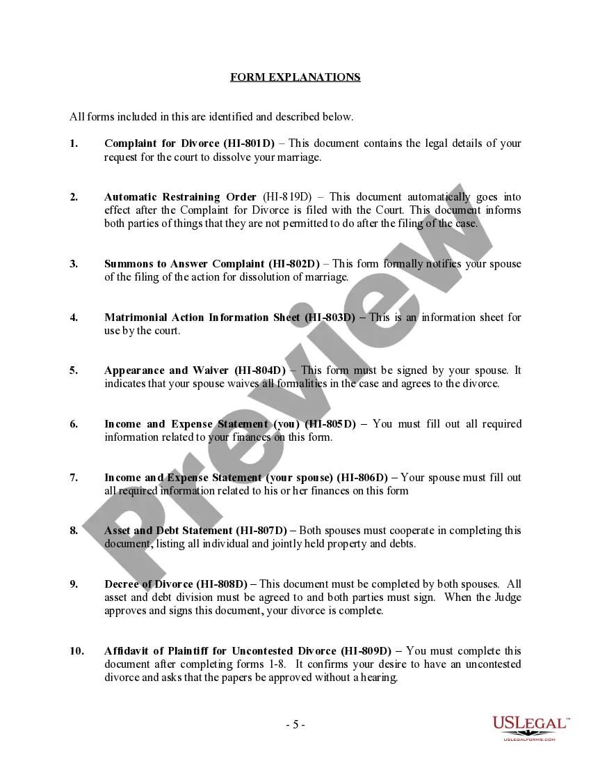 Preview Hawaii No-Fault Uncontested Agreed Divorce Package for Dissolution of Marriage with Adult Children and with or without Property and Debts