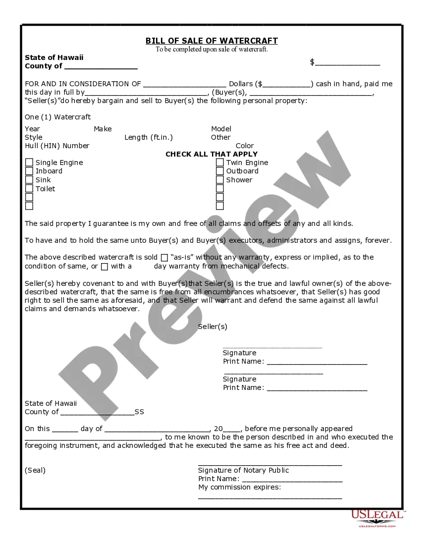 Preview Bill of Sale for WaterCraft or Boat