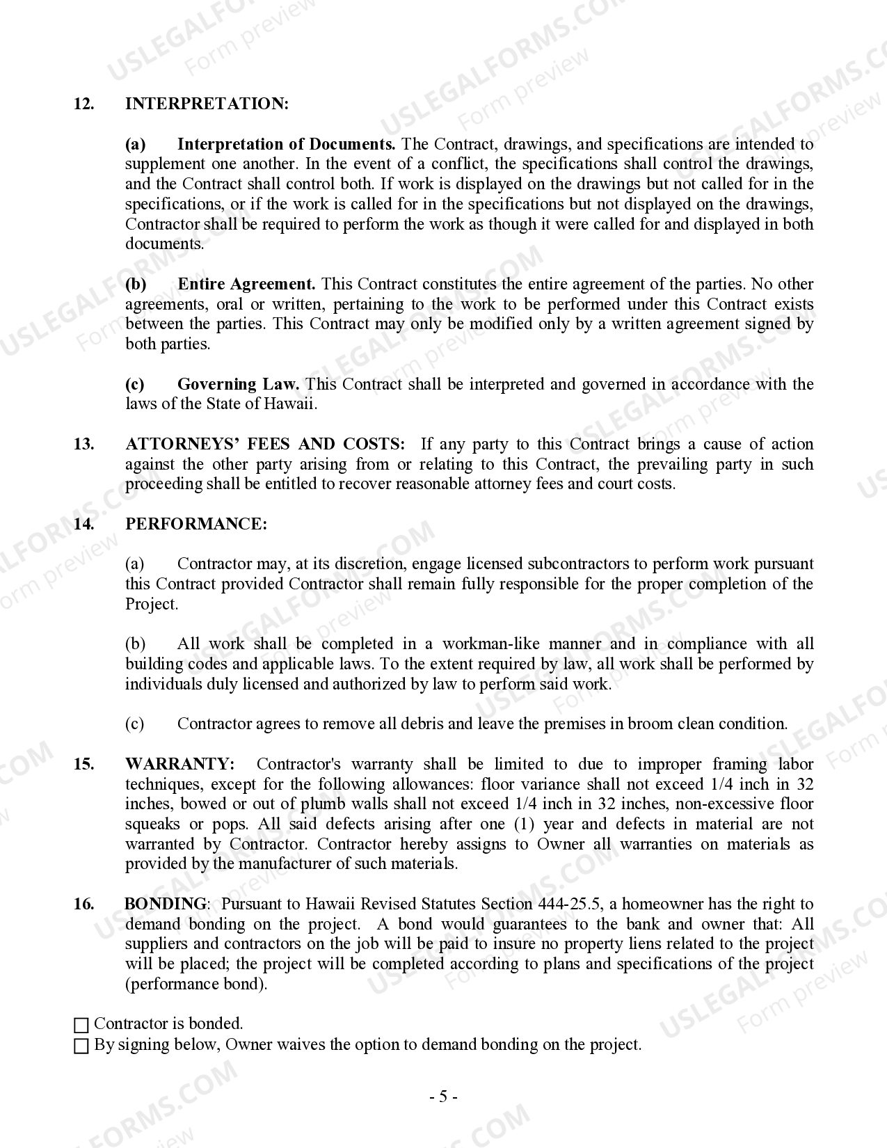 Hawaii Framing Contract for Contractor US Legal Forms