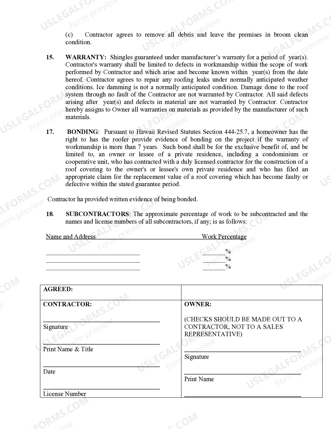 Preview Roofing Contract for Contractor