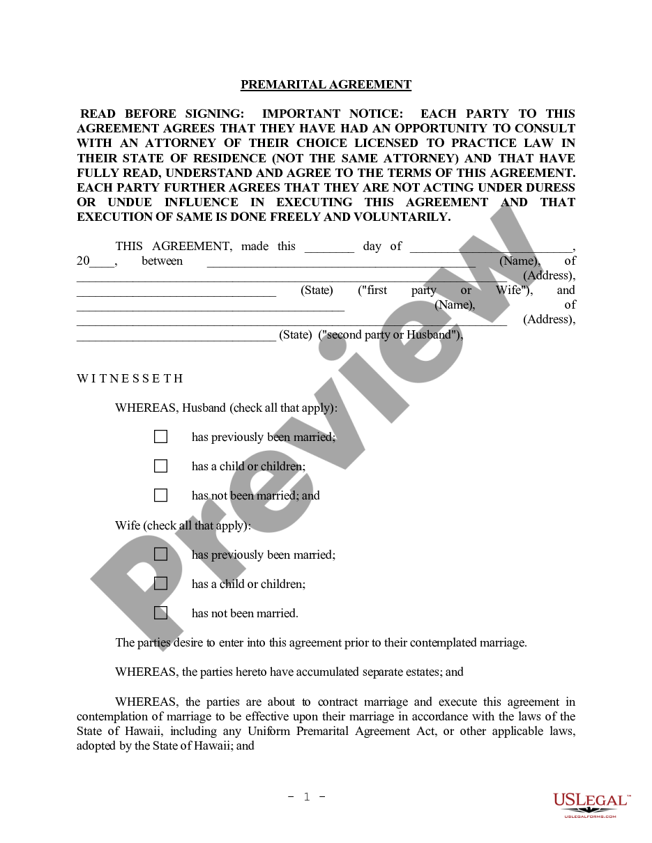 page 0 Hawaii Prenuptial Premarital Agreement without Financial Statements preview