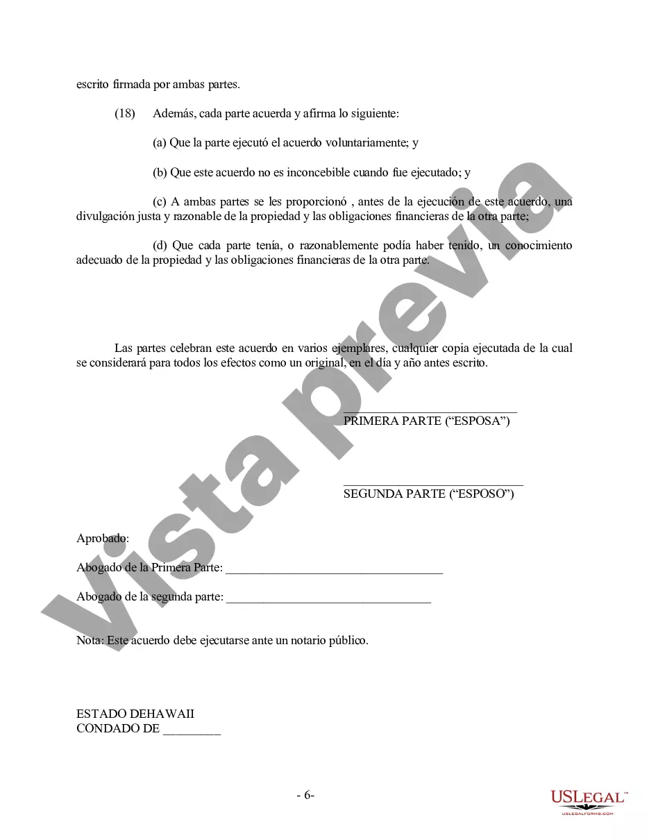 Preview Acuerdo prematrimonial prenupcial de Hawái con estados financieros