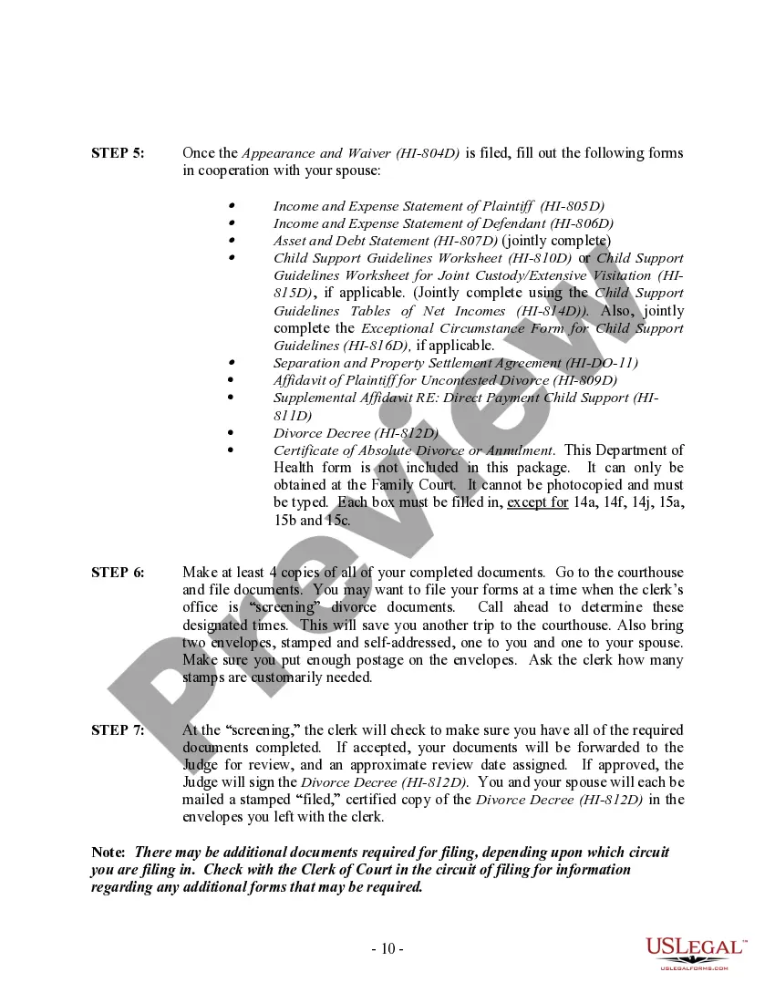 Preview Hawaii No-Fault Agreed Uncontested Divorce Package for Dissolution of Marriage for people with Minor Children