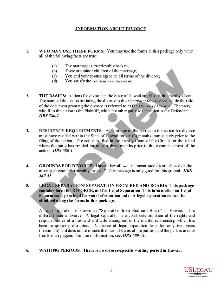 Preview Hawaii No-Fault Agreed Uncontested Divorce Package for Dissolution of Marriage for people with Minor Children