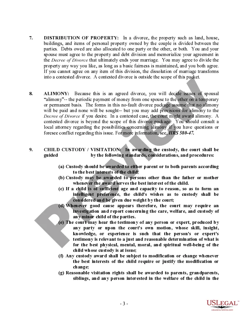 Preview Hawaii No-Fault Agreed Uncontested Divorce Package for Dissolution of Marriage for people with Minor Children
