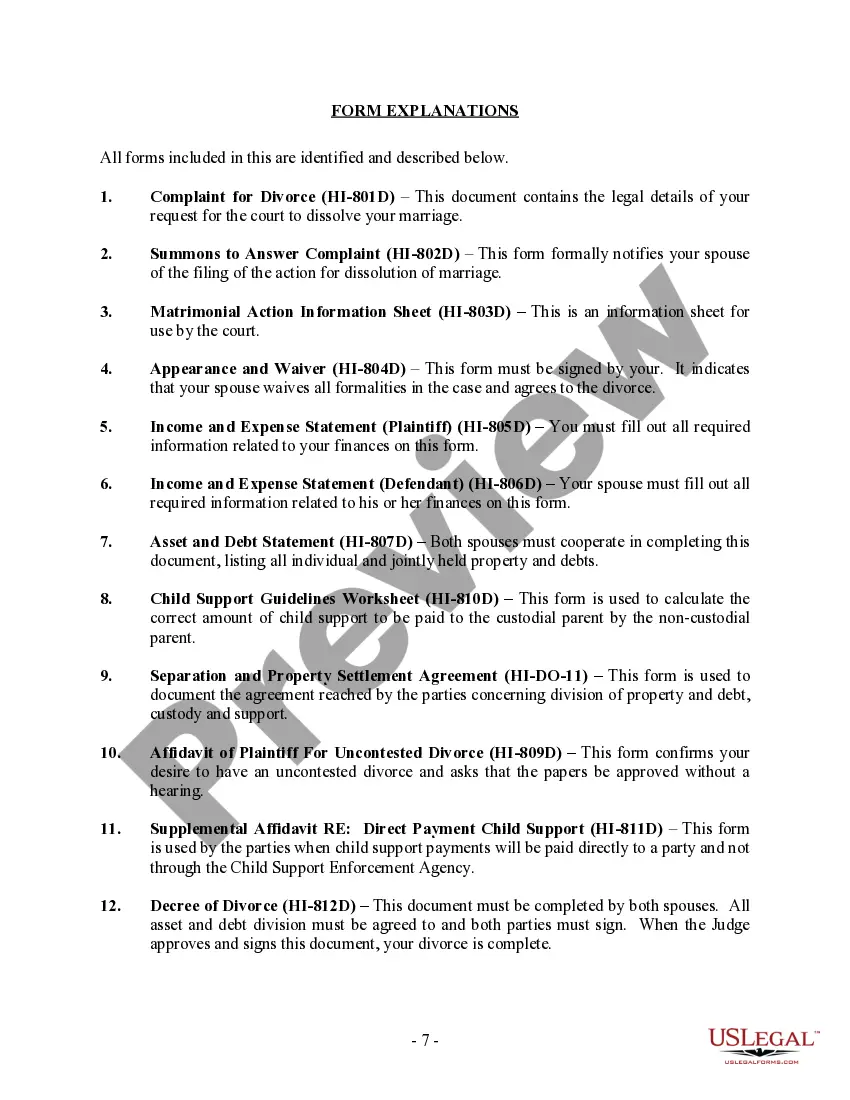 Preview Hawaii No-Fault Agreed Uncontested Divorce Package for Dissolution of Marriage for people with Minor Children