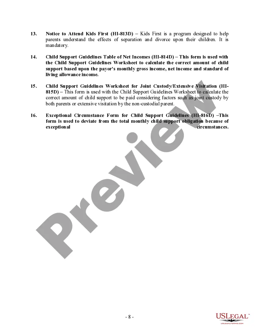 Preview Hawaii No-Fault Agreed Uncontested Divorce Package for Dissolution of Marriage for people with Minor Children