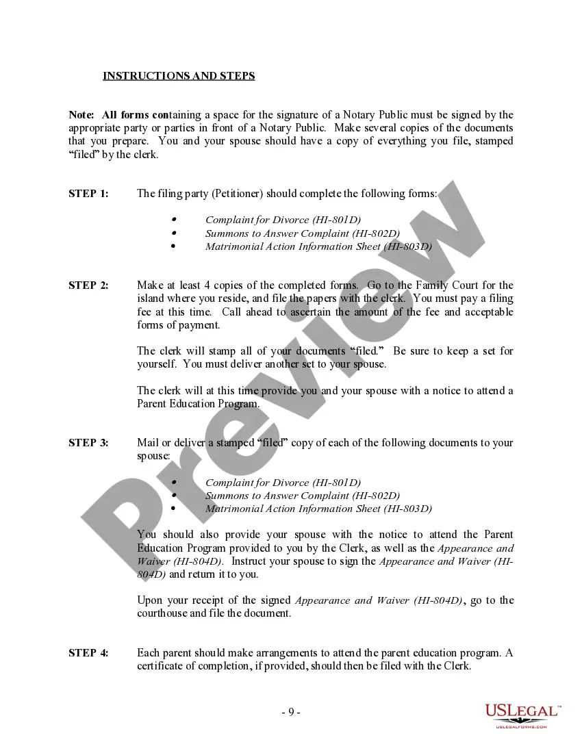 Preview Hawaii No-Fault Agreed Uncontested Divorce Package for Dissolution of Marriage for people with Minor Children
