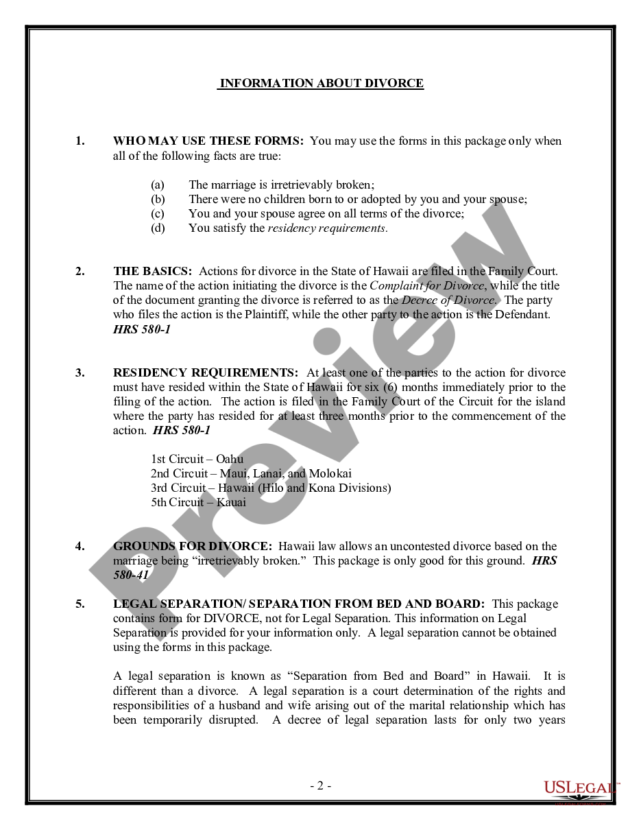 page 1 No-Fault Agreed Uncontested Divorce Package for Dissolution of Marriage for Persons with No Children with or without Property and Debts preview