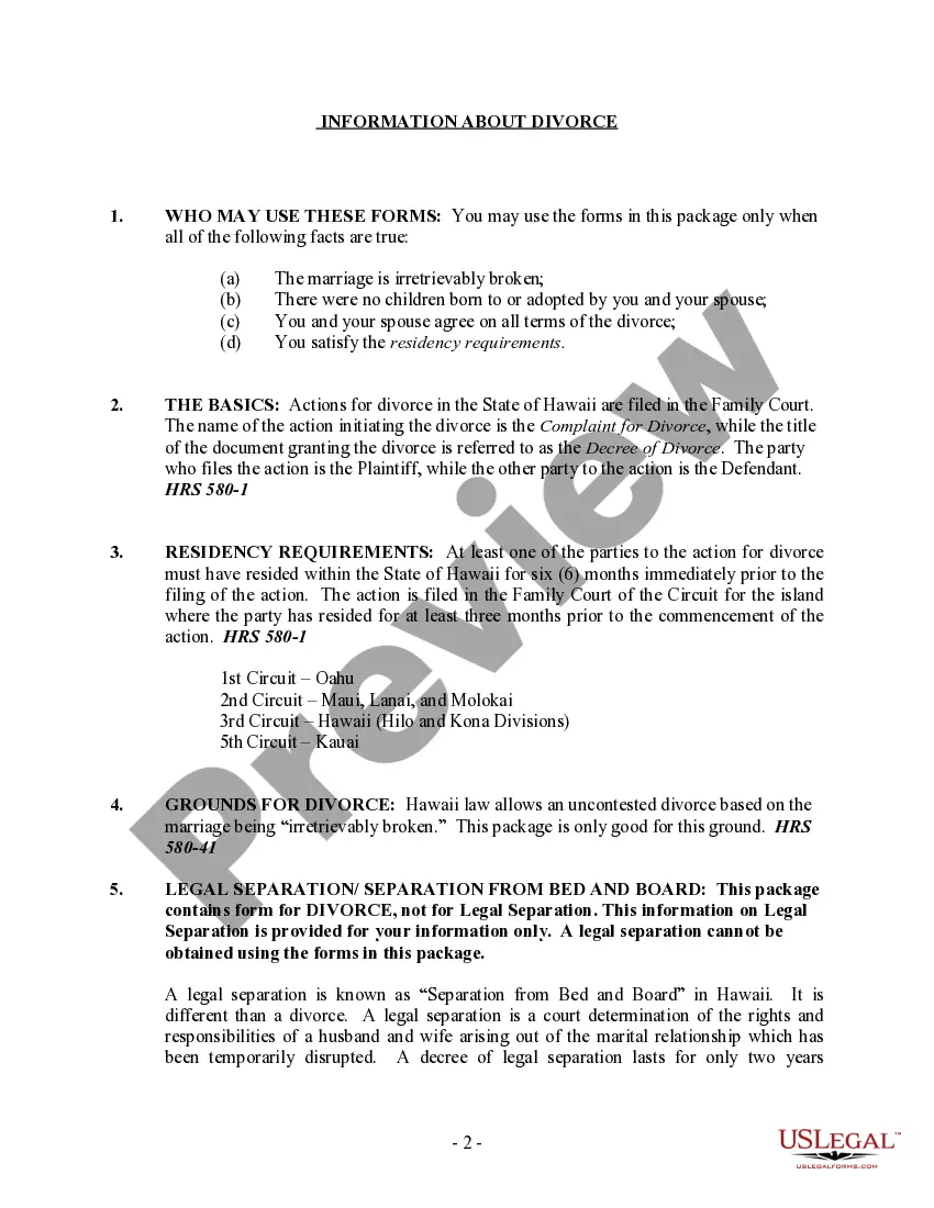 Preview Hawaii No-Fault Agreed Uncontested Divorce Package for Dissolution of Marriage for Persons with No Children with or without Property and Debts