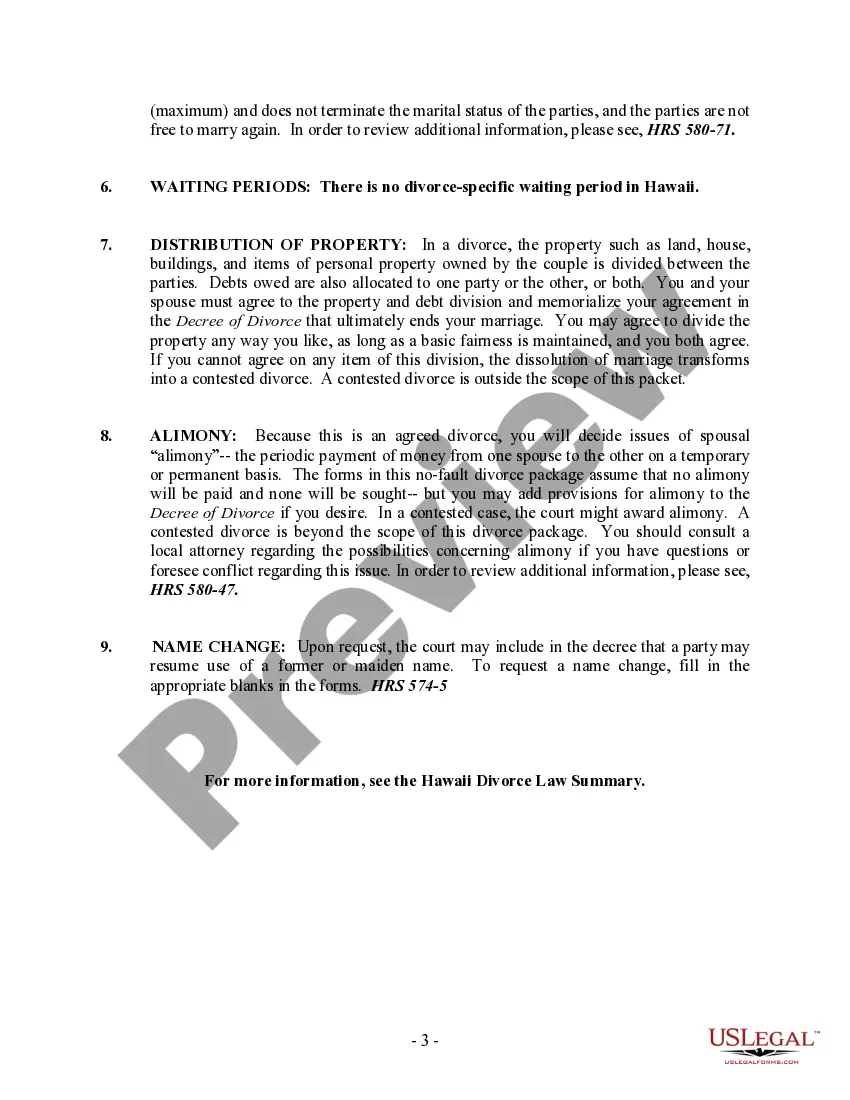 Preview Hawaii No-Fault Agreed Uncontested Divorce Package for Dissolution of Marriage for Persons with No Children with or without Property and Debts