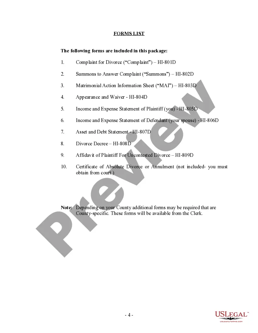 Preview Hawaii No-Fault Agreed Uncontested Divorce Package for Dissolution of Marriage for Persons with No Children with or without Property and Debts