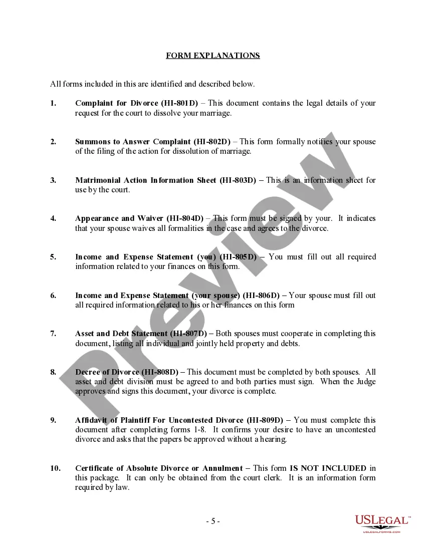 Preview Hawaii No-Fault Agreed Uncontested Divorce Package for Dissolution of Marriage for Persons with No Children with or without Property and Debts