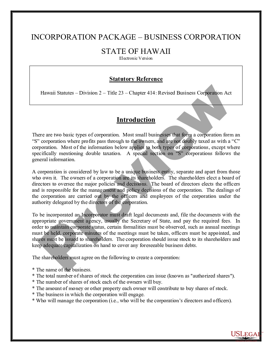 page 1 Hawaii Business Incorporation Package to Incorporate Corporation preview