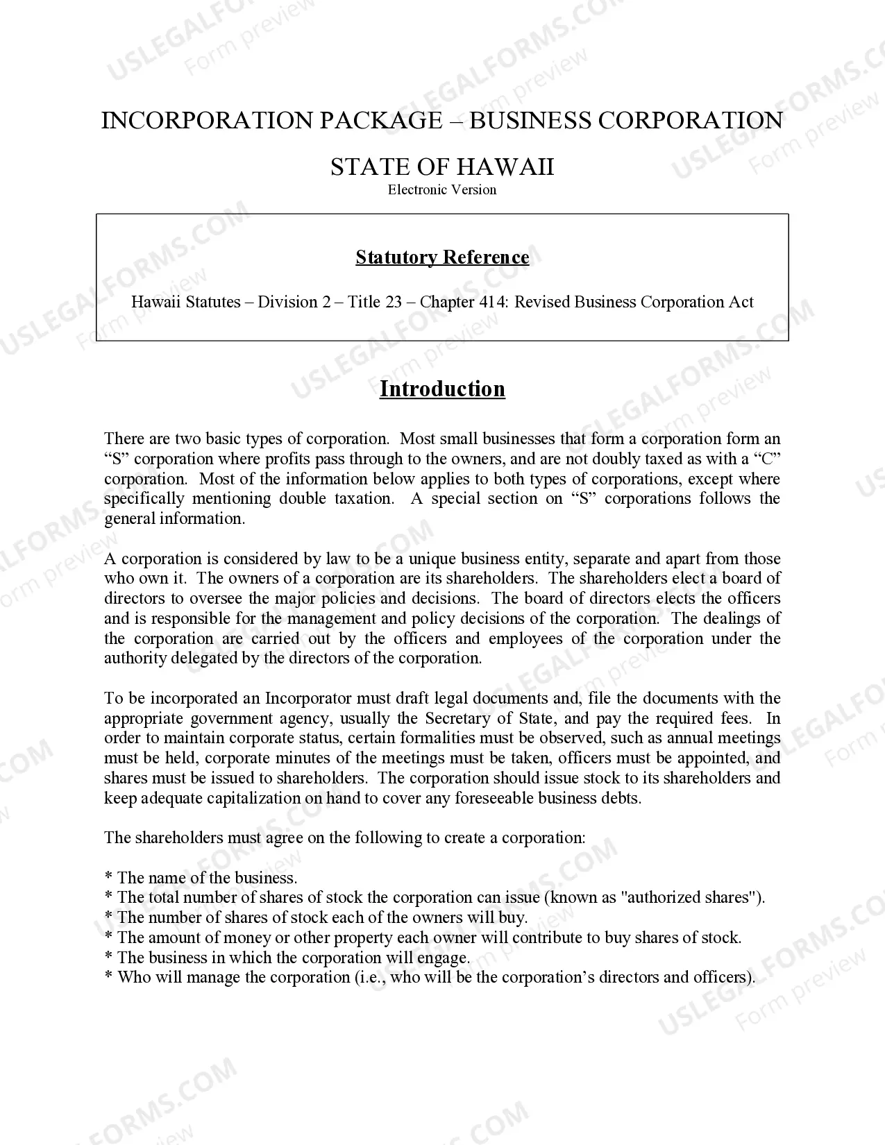 Preview Hawaii Business Incorporation Package to Incorporate Corporation
