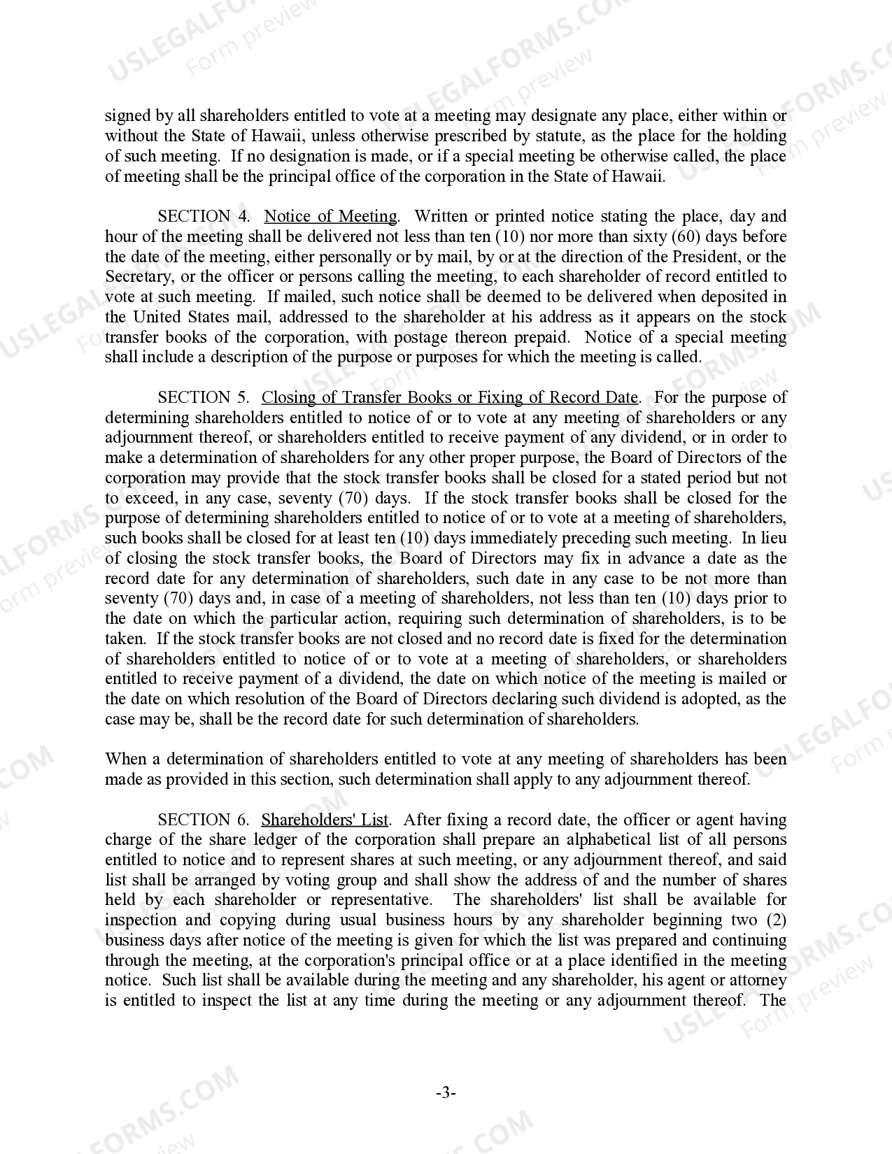 Preview Hawaii Bylaws for Corporation