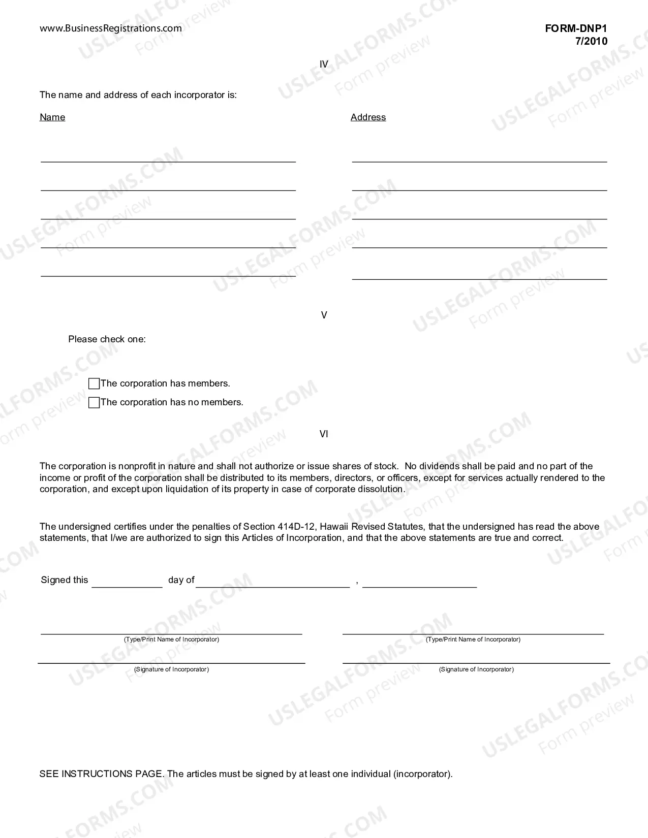 Preview Hawaii Articles of Incorporation for Domestic Nonprofit Corporation