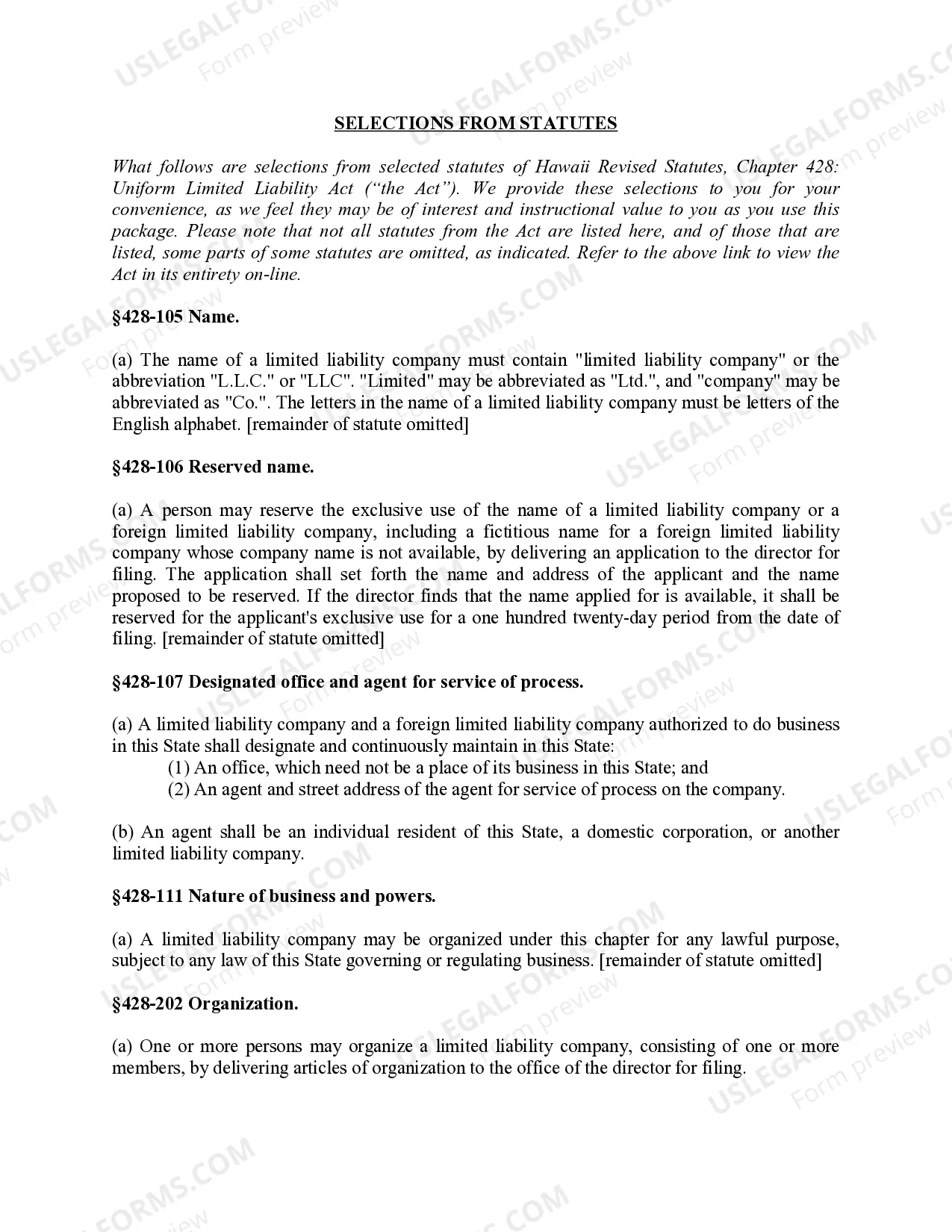 Preview Hawaii Limited Liability Company LLC Formation Package