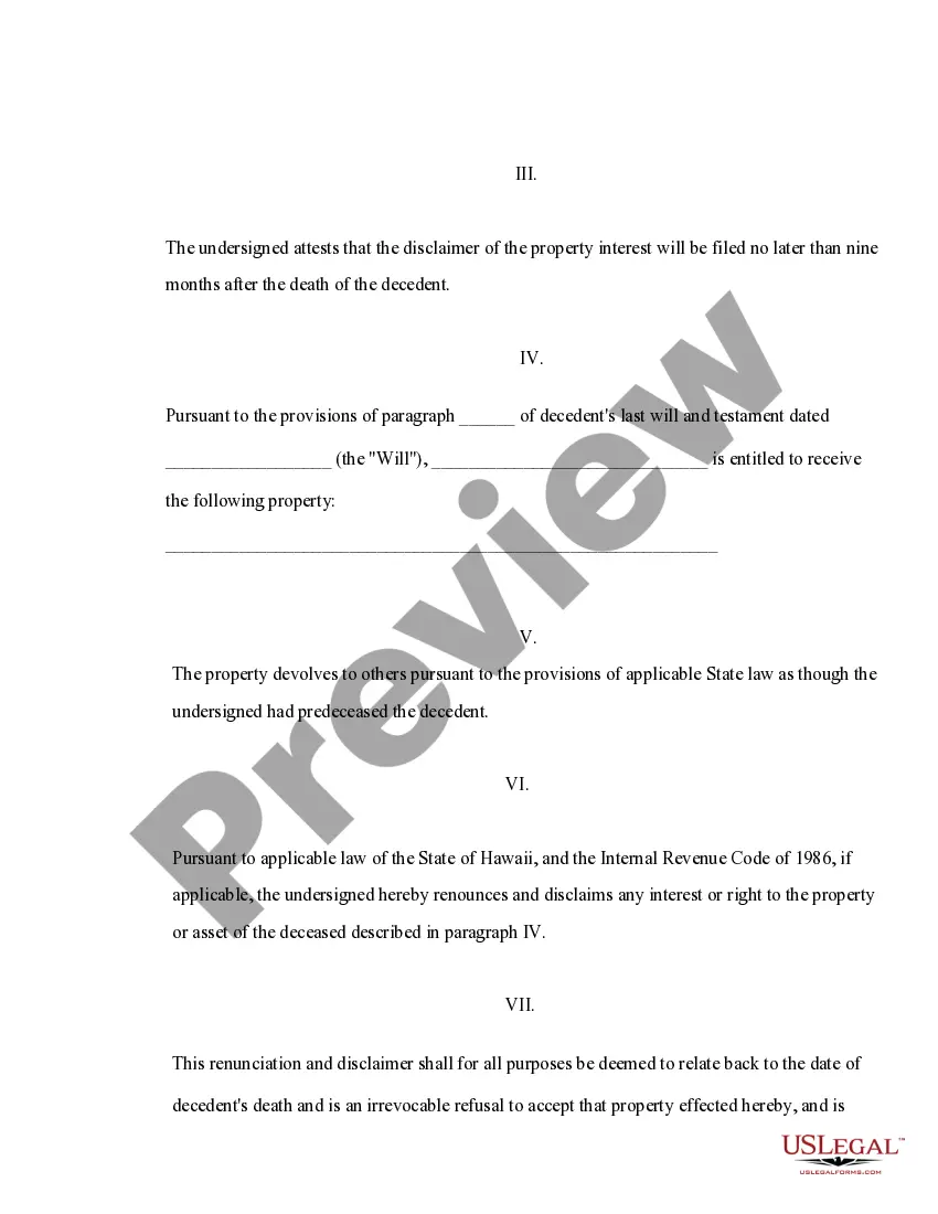 Preview Hawaii Renunciation And Disclaimer of Property from Will by Testate