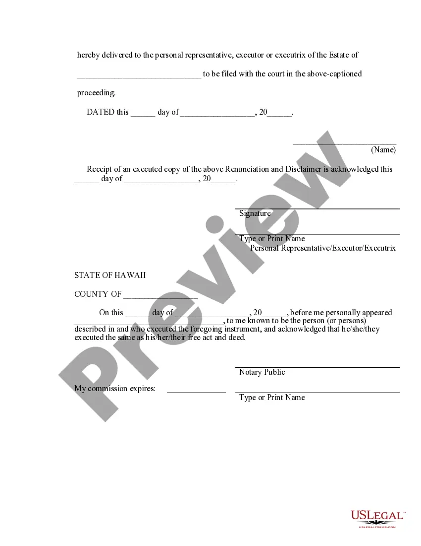 Preview Hawaii Renunciation And Disclaimer of Property from Will by Testate