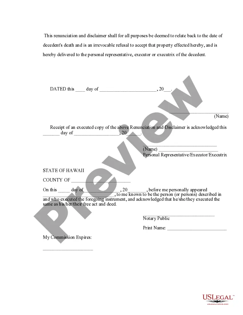 Preview Hawaii Renunciation and Disclaimer of Property received by Intestate Succession