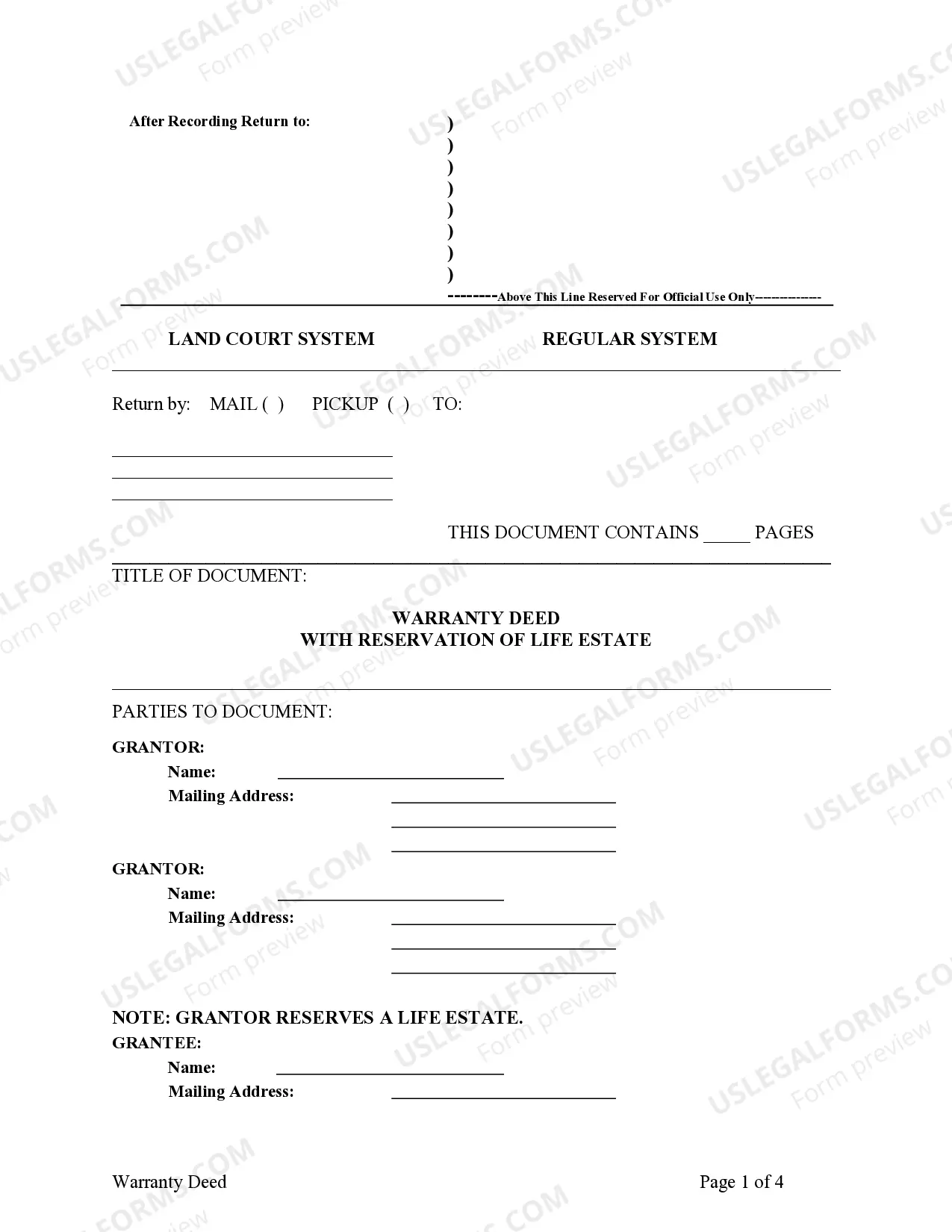 Preview Warranty Deed to Child Reserving a Life Estate in the Parents