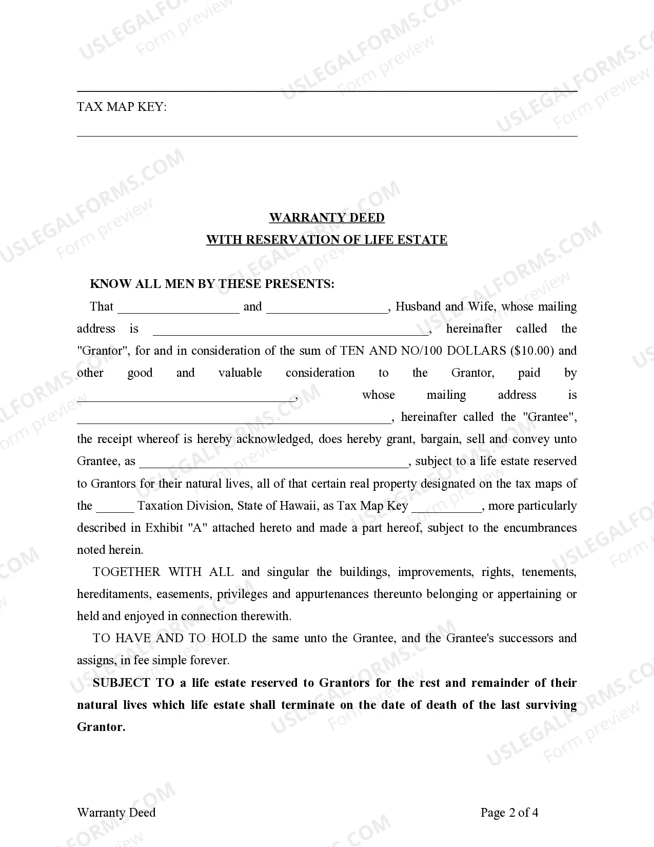 Preview Warranty Deed to Child Reserving a Life Estate in the Parents