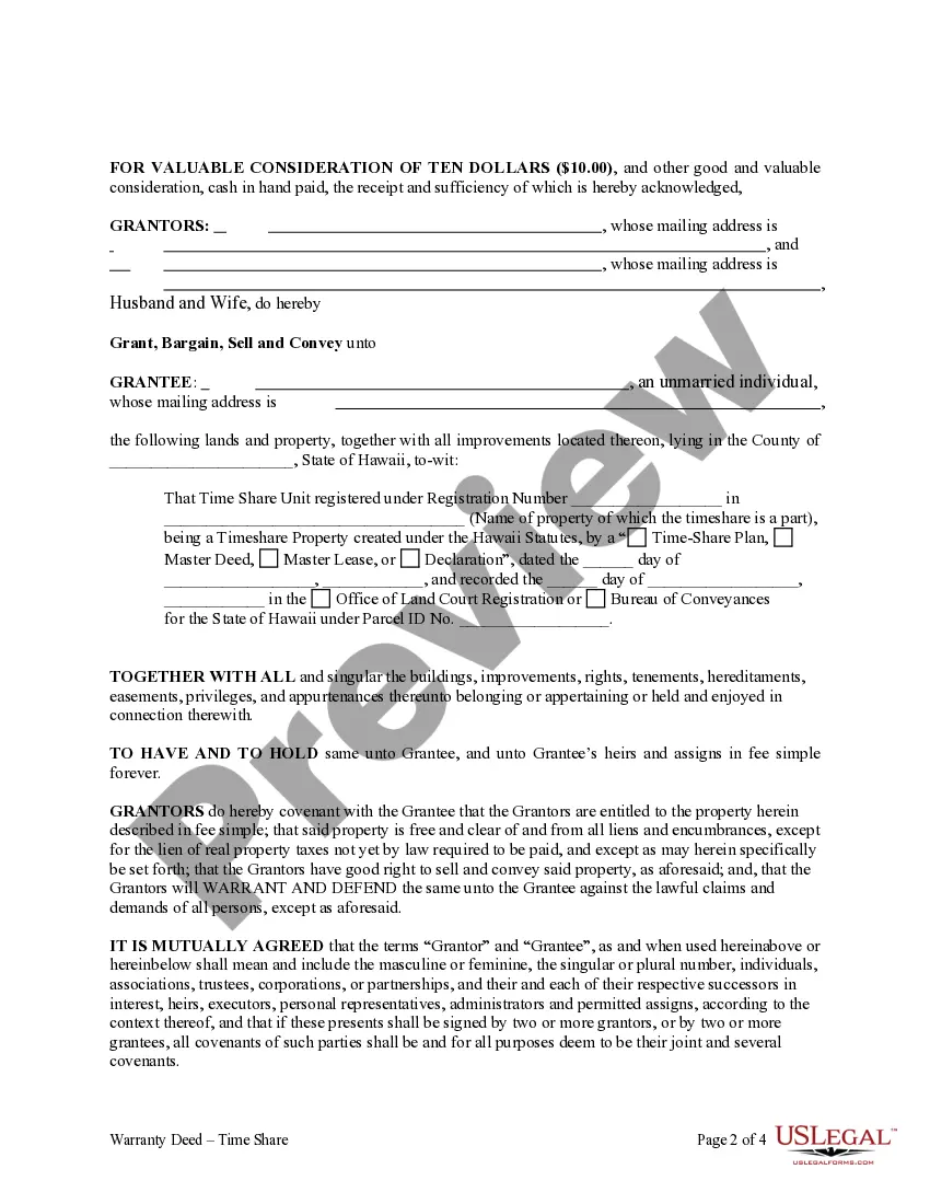 Get Warranty Deed for a Time Share from Husband and Wife / Two Individuals to an Individual Preview Warranty Deed for a Time Share from Husband and Wife / Two Individuals to an Individual