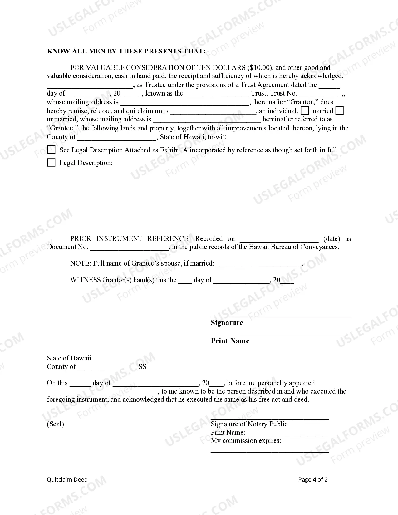 Preview Quitclaim Deed - Trust to Individual