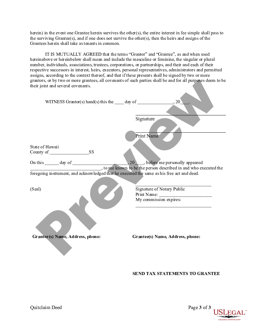 Hawaii Quitclaim Deed from Individual to Two Individuals in Joint ...