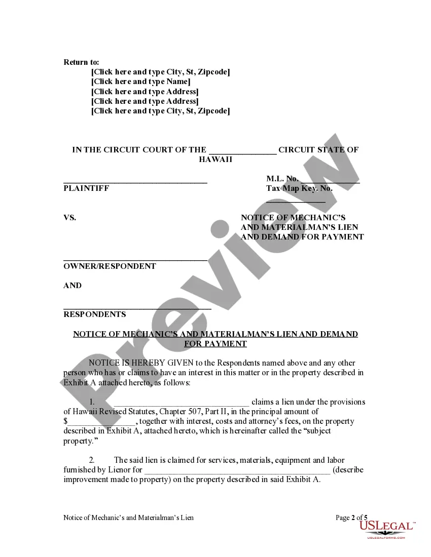 Preview Notice of Mechanic's and Materialman's Lien and Demand for Payment