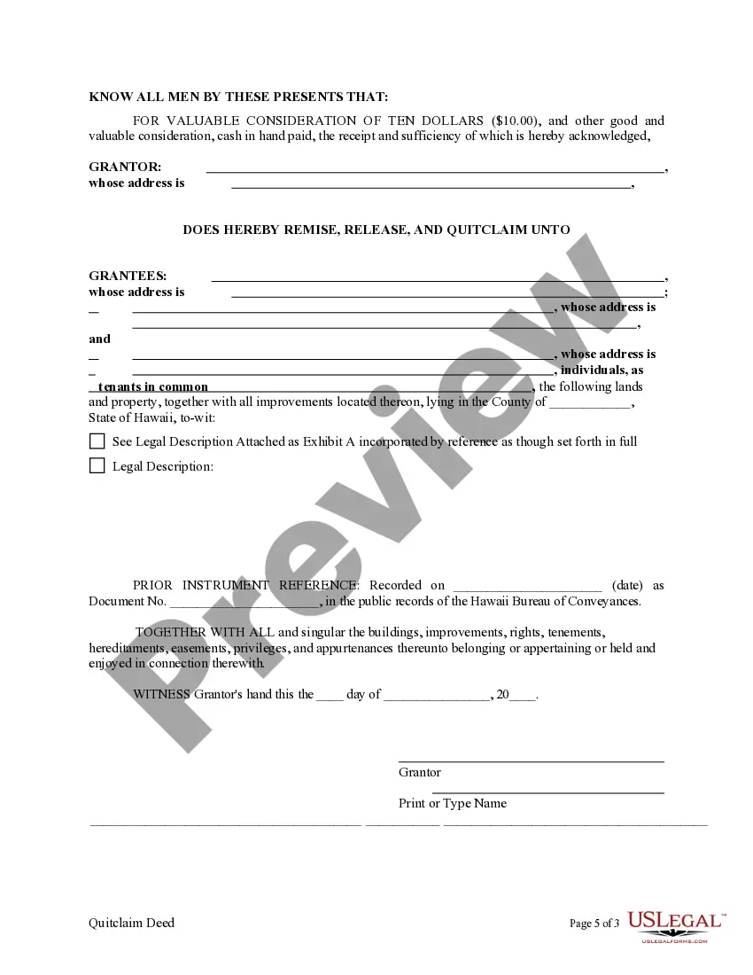 Preview Quitclaim Deed from an Individual to a Three Individuals