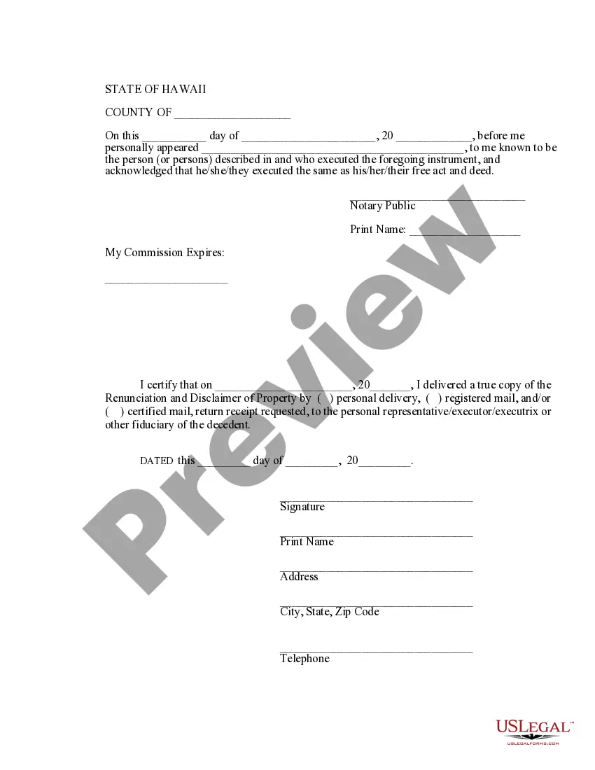 Preview Hawaii Renunciation And Disclaimer of Joint Tenant or Tenancy Interest