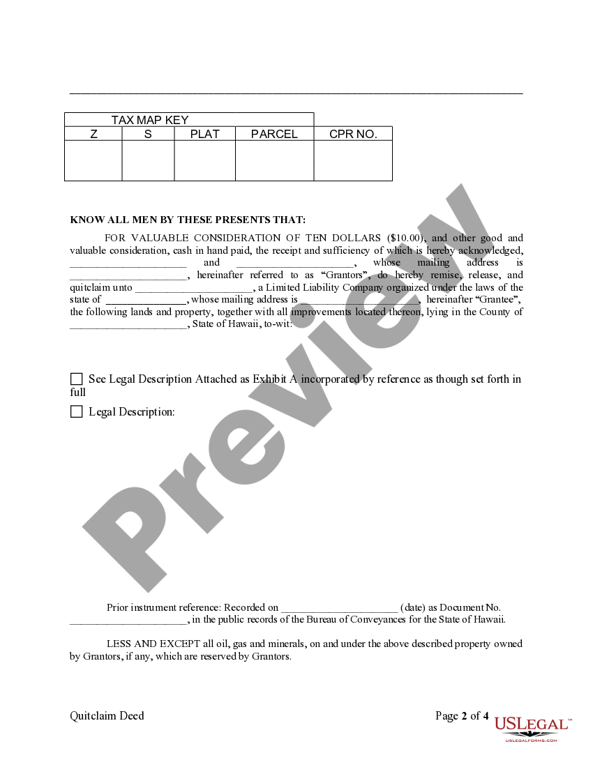 Hawaii Quitclaim Deed by Two Individuals to LLC US Legal Forms