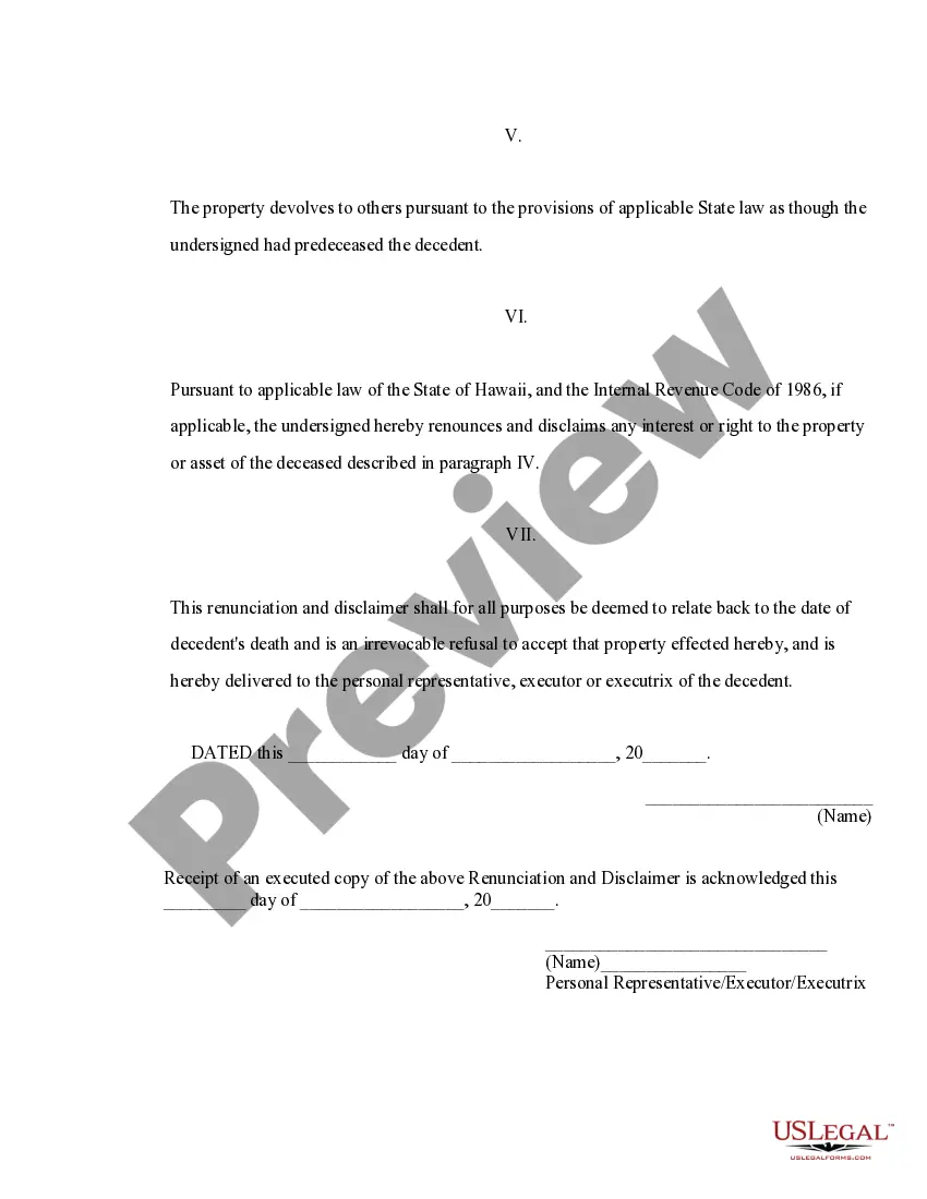 Preview Hawaii Renunciation and Disclaimer of Property - Individual Retirement Account, Annuity, or Bond