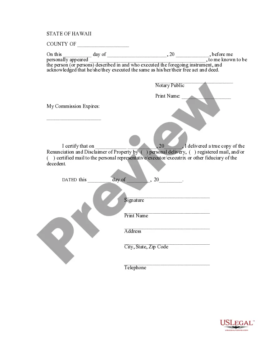 Preview Hawaii Renunciation and Disclaimer of Property - Individual Retirement Account, Annuity, or Bond
