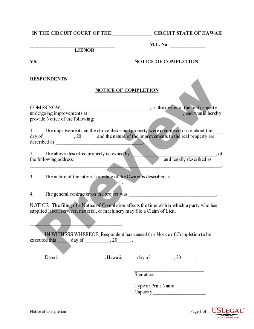 Hawaii Notice of Completion Notice Of Completion Hawaii US Legal Forms