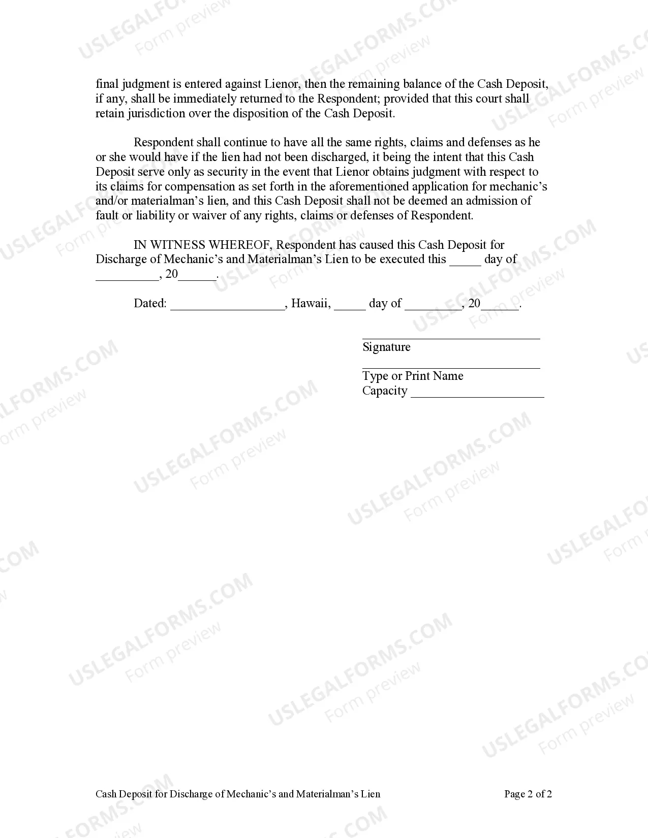 Preview Cash Deposit for Discharge of Mechanic's and Materialman's Lien
