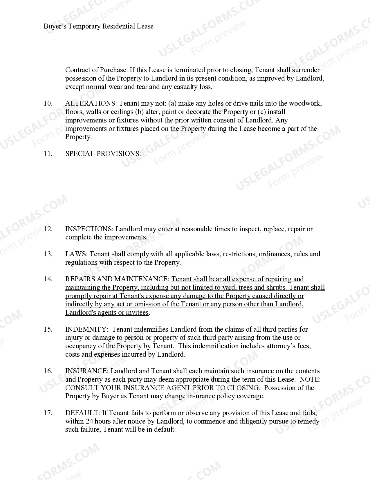 Preview Temporary Lease Agreement to Prospective Buyer of Residence prior to Closing
