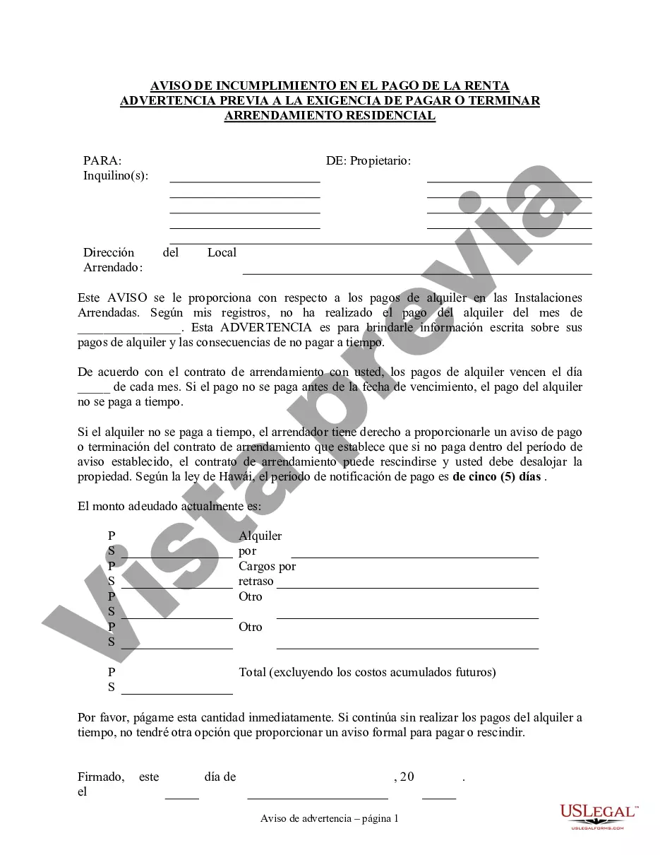 Preview Aviso de incumplimiento en el pago del alquiler como advertencia previa a la demanda de pago o rescisión de la propiedad residencial