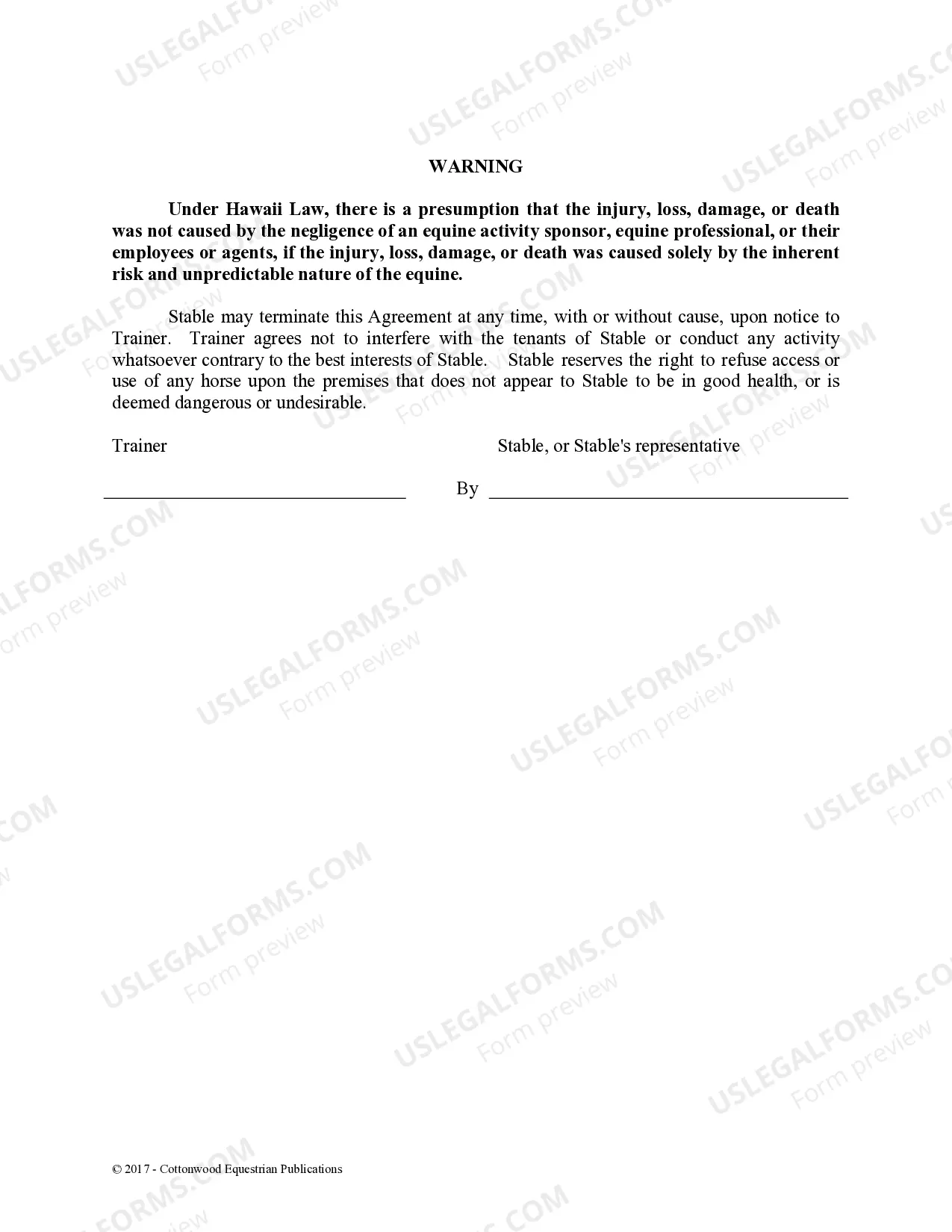 Preview Trainer's Facility Use Agreement - Horse Equine Forms