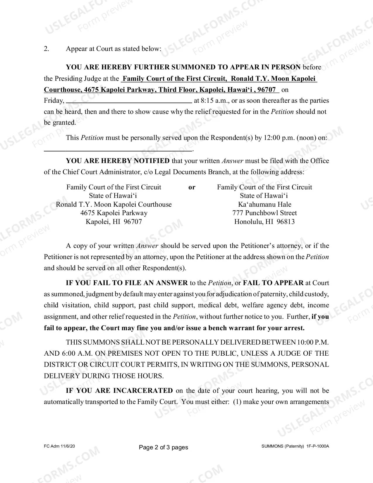 Preview Summons for Paternity - First Circuit