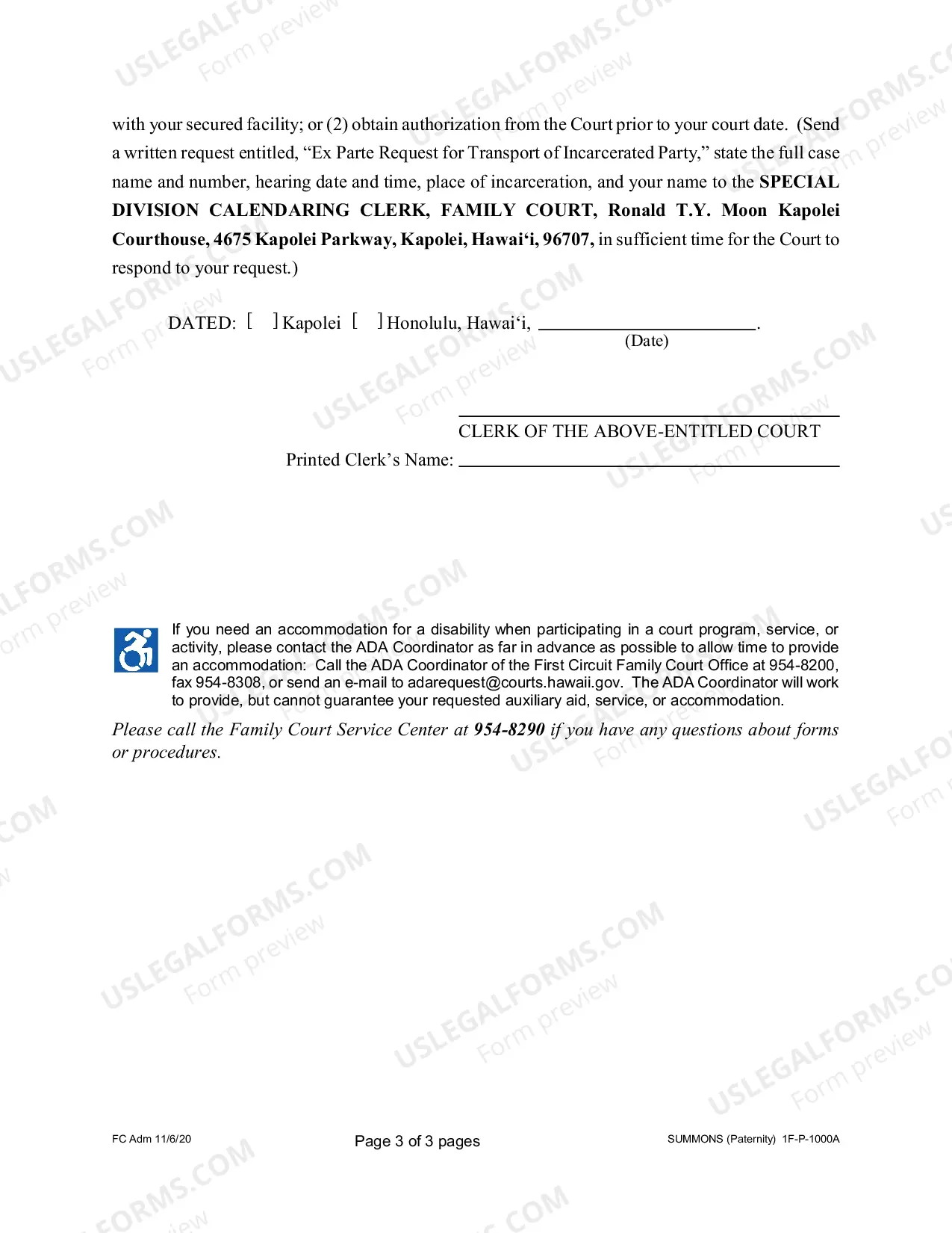 Preview Summons for Paternity - First Circuit