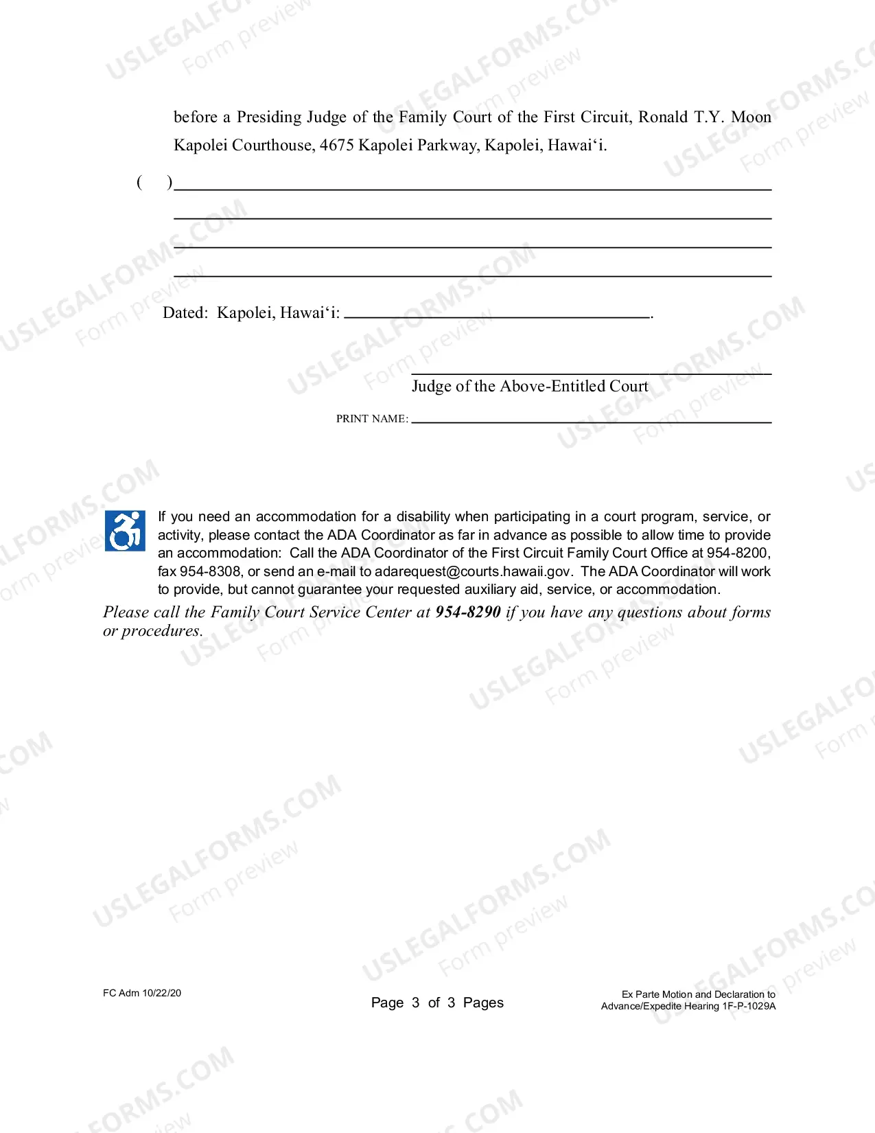 Preview Ex Parte Motion and Declaration to Advance/Expedite Hearing and Order for Paternity - First Circuit