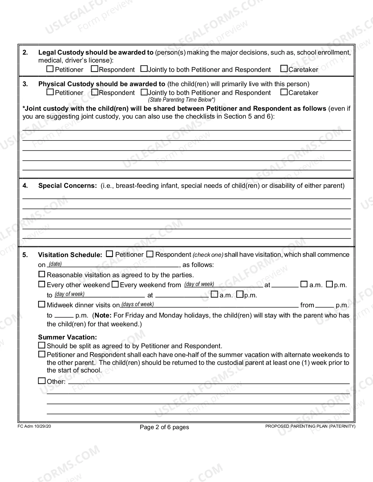 Preview Proposed Parenting Plan for Paternity - First Circuit