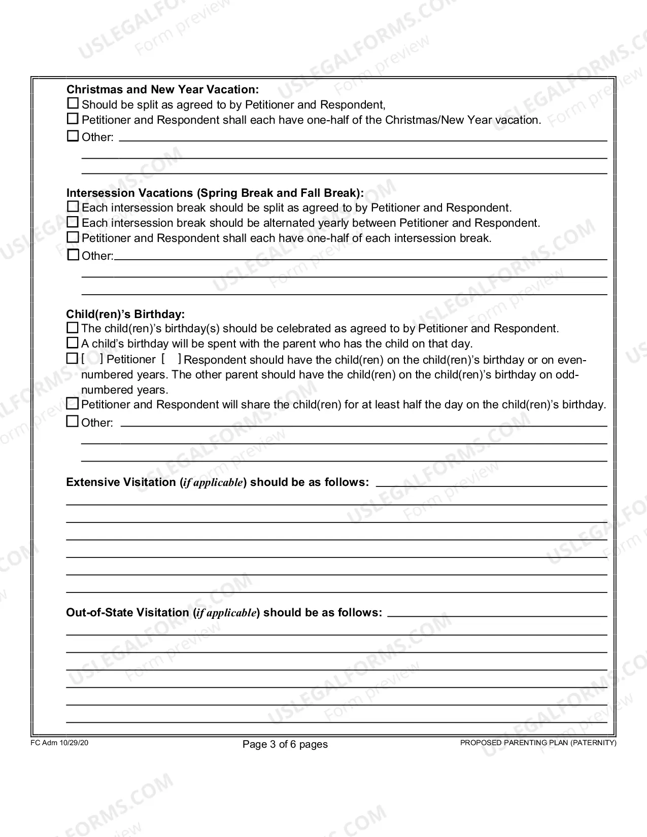 Preview Proposed Parenting Plan for Paternity - First Circuit