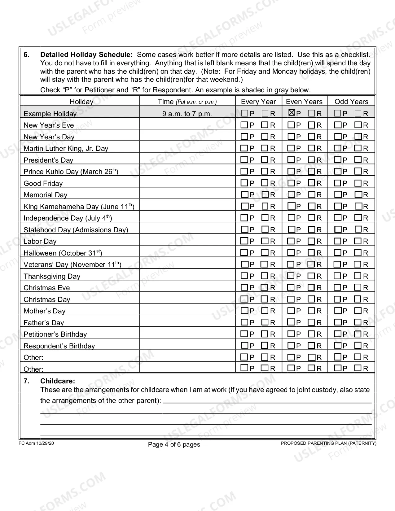 Preview Proposed Parenting Plan for Paternity - First Circuit